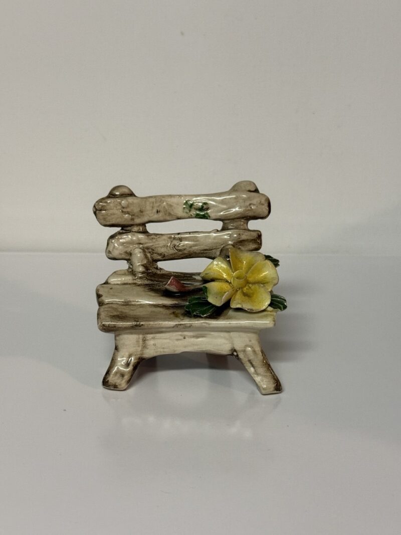 Vintage Porcelain Faux Bois Bench Figurine with Flower
